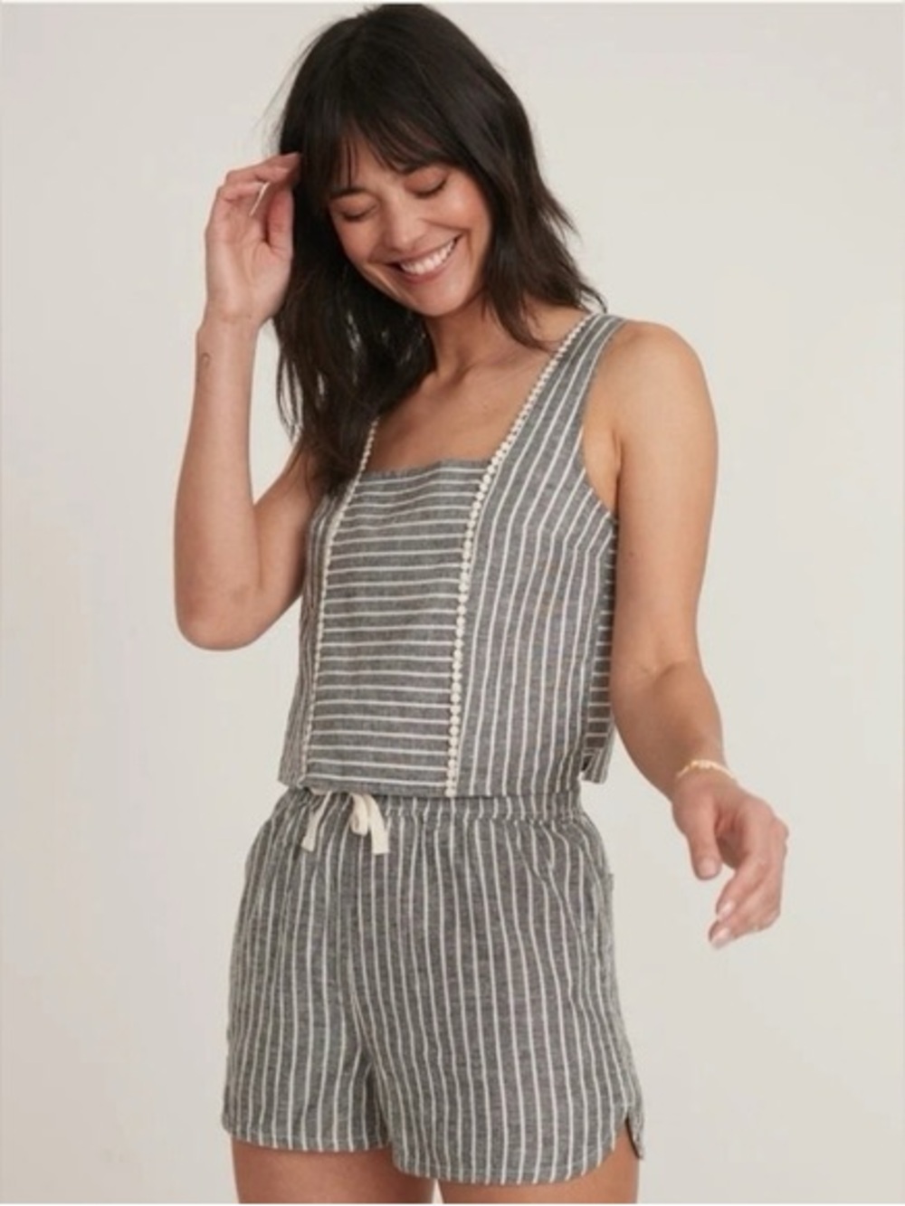 Marine Layer Stella Gray Striped Square-Neck Linen Tank